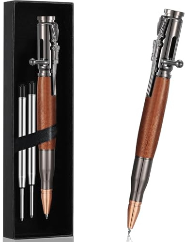 LEMONSTONE kulspetspenna med 2 utbytbara påfyllningar, taktisk penna, kulspetspenna av hög kvalitet för kontorspennor, Bolt Action Pen 1 mm spets, med svart presentask (träkorn)