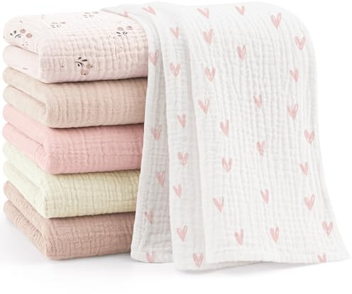 Bearmoss Moltontücher Baby 100% Baumwolle Weiche Spucktücher Baby,Atmungsaktiv und Extrem Saugfähig Musselin Tuch für Saugstark Mulltücher 6er 60x60 cm (Rosa Herz)