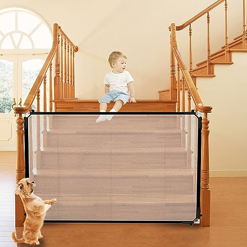 Seguridad Puertas, FainFun 120 x 92cm Rejilla Protectora para Puerta, Red para Gatos, Barrera Puerta para Perros Mágica de Escalera, Valla Seguridad Plegable Malla Portátil, sin Necesidad de Taladrar