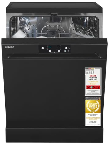 Exquisit Geschirrspüler | 60cm Breite, 14 Gedecke, Energieklasse D, 49 dB |Startzeitverzögerung, Aquastop, Mehrfach Wasserschutz, höhenverstellbarer Oberkorb, Edelstahl-Bottich | GSP9114-450D schwarz