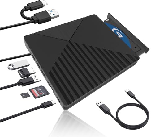 Lefunpets 7 in 1 External CD DVD Drive for Laptop - External DVD Drive, USB 3.0 & Type-C Portable CD DVD Rw Optical DVD Drive, External Disc Drive Reader for Laptop PC Windows 10/8/7 / XP Linux