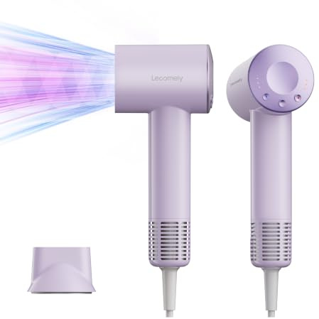 Lecomely S4AT Resehårtork med Automatisk Dubbelspänning 100–120 V/220–240 V, 1200 W, Höghastighetsmotor 110 000 varv/min, Kompakt och Lätt, 312 g utan Sladd, Jonteknik, Lila