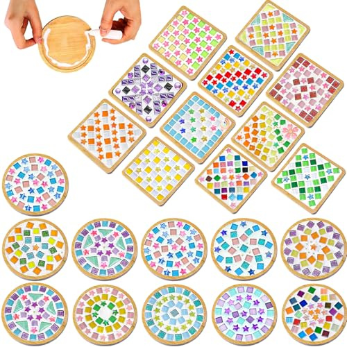22 Sets DIY Mosaic Coaster Kit, Glass Tiles and Wooden Coasters for Adults