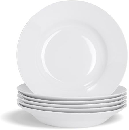 Argon Tableware 6X White Soup Bowls - 23cm (9) - Ceramic Dinner Plates Dish Set Cereal Soup Serving Noodle Bowl - Dishwasher and Microwave Safe