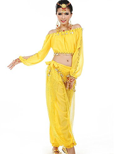 Astage Donne Danza Del Ventre Costume Active Wear A Maniche Lunghe Top Set Giallo