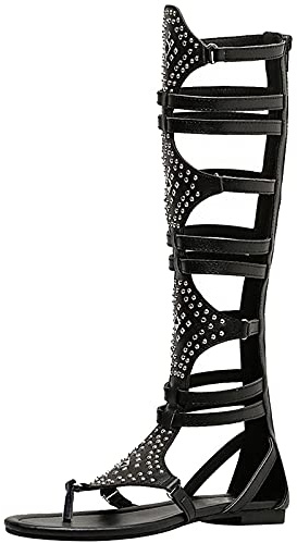 Jamron Donna Al Ginocchio Sandali Gladiatori Romani Rivetti Borchiati Cinturino Cerniera Sandali Infradito Nero SN020342 EU38