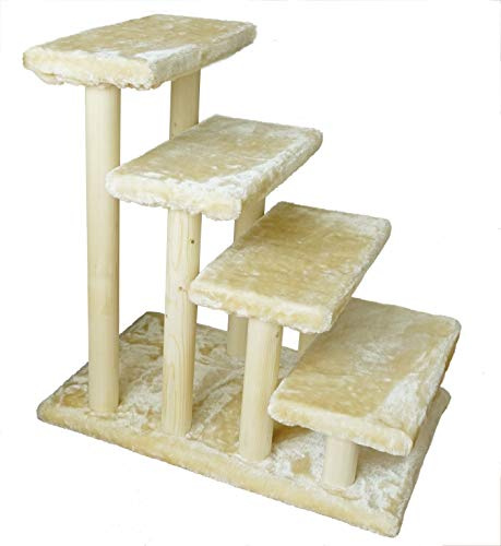 Cowboy Haustiertreppe aus Holz, 4 Stufen, für Katzen, Hunde, einfache Treppe mit abnehmbarem Teppich für hohe Betten und Couch, beige