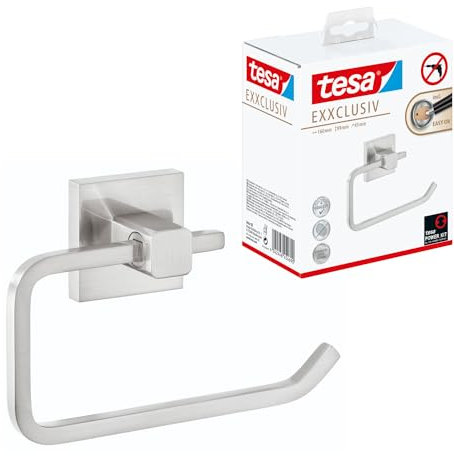 tesa EXXCLUSIV Toilettenpapierhalter ohne Deckel, verchromt - zur Wandbefestigung ohne Bohren, inkl. Klebelösung - 160mm x 99mm x 45mm