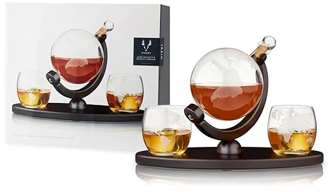 Viski 5401 Globus-Dekanter und 2 Becher-Set Geätztes Glas für Whiskey-Enthusiasten, Geschenk und Glaswaren-Zubehör, Transparent