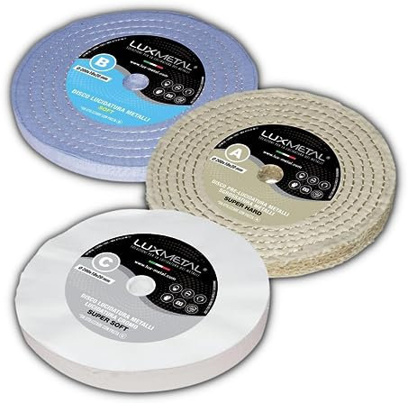 Lux Metal - Kit 3 discos de pulido de 200 mm A-B-C en algodón Set para pulido espejo Aluminio Acero inoxidable Discos de pulido de metales para rueda de amoladora Latón Cobre Madera Mármol Plexiglás