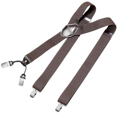 DonDon Tirantes hombre anchos 3,5 cm con 4 clips extra fuertes tirantes para pantalones hombre y parche de cuero marrón - Marrón oscuro