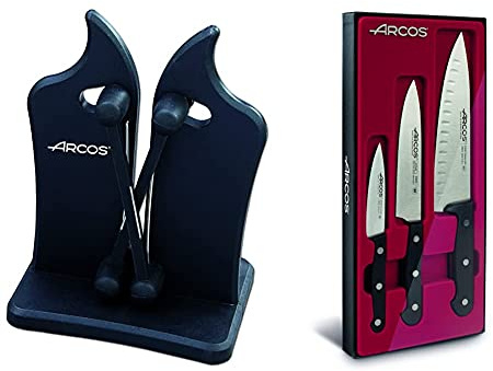 Arcos Afiladores, Afilador Profesional de Cuchillos, Hecho de ABS Color Negro + Set De Cuchillos, Acero Inoxidable, Negro, 45x20x5 cm, 3 Unidades