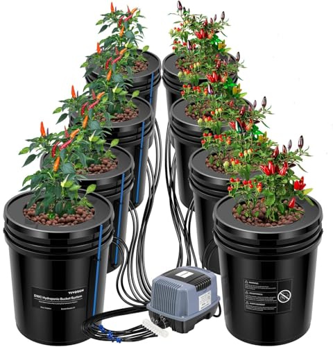 VIVOSUN DWC Hydroponics Grow System with Top Drip Kit, 5-Gallon Deep Water Culture, Recirculating Drip Garden System with Multi-Purpose Air Hose, Air Pump, and Air Stone (8 Buckets + Top Drip Kit)