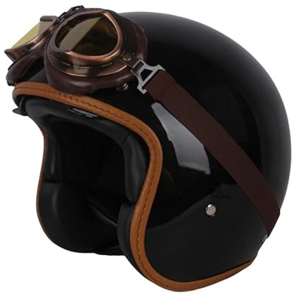Retro Motorrad Pilotenhelm Jethelme 3/4 Halbhelm mit Sonnenblende Brille Vintage Roller Jethelm Moped Cruiser Chopper ECE/DOT Zugelassen (Bright Black,57~58cm M)