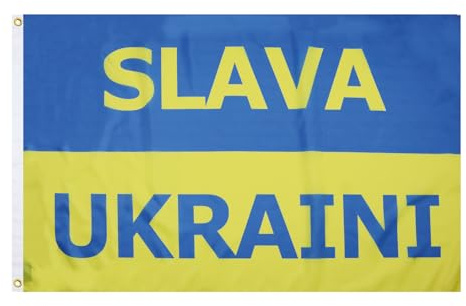 AZ FLAG Flagge Ukraine Slava Ukraini 150x90 cm Polyester 100D 2 Ösen | Für innen und außen Ukrainische dekorative Flagge doppelte Nähte und verstärkte Kanten mit Metallösen 100D Polyester
