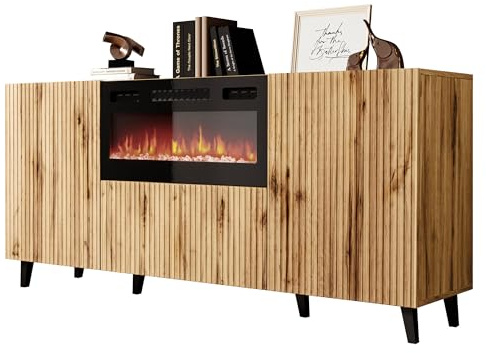 Mirjan24 Kommode Vailbo 180 mit Elektrischem Kamin, Mehrzweckschrank mit 3 Türen, Realistische LED-Flamme, Anrichte, Highboard, Sideboard, Esszimmer (Eiche Wotan)