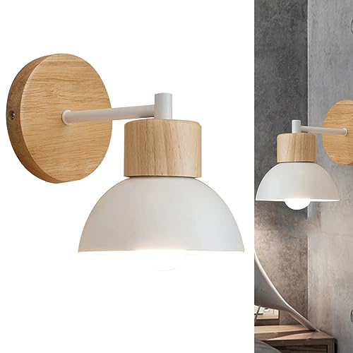 Modern Wall Light, Iron Wood Wall Lamp metal, E27 Round Wall Sconce, Bedside Wall Mounted Lamps Holder, Reading Lights Fixture Nordic, Bedroom Living Room dining room Aisle Hallway black white (White)