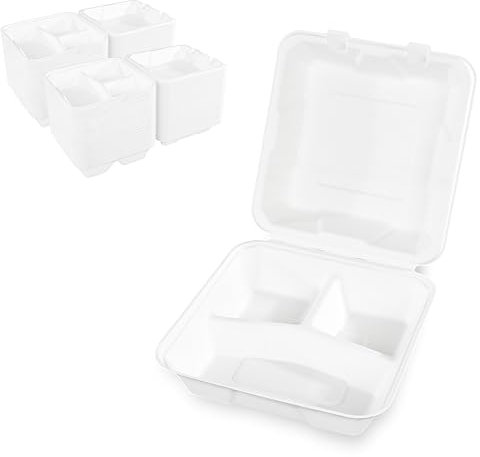 Hypafol Zuckerrohr Box 3-teilig 200 Stück I Formstabile Einwegschalen zum Verpacken von Essen I ökologisch, nachhaltig & 100% kompostierbar I 21x21x8cm I vielseitige To Go Menuebox aus Zuckerrohr