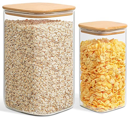 ComSaf 4,4 L/1,5 L Vorratsdosen mit Deckel 2er Set, Φ15cm Keksglas Vorratsgläser Eckig mit Deckel Luftdicht Holz, Deko Aufbewahrungsgläser zur Küche für Reis, Nudeln, Hafer, Getreide, Kekse