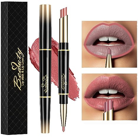 ChaneeHann 2-in-1 Lippenstift Lip Liner, Farben Matter Lippenstift, Double Head Lipstick, Wasserfester Langanhaltender Lipgloss, Antihaftbeschichtete Tasse, Verblasst Nicht(14, Korallenpulver)