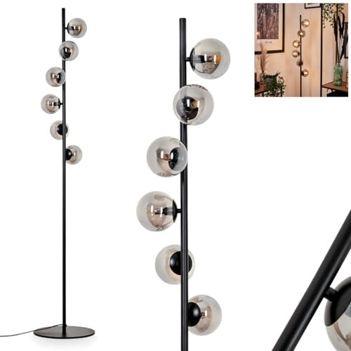 Stehleuchte Remaisnil, Stehlampe aus Metall/Glas in Schwarz/Rauchfarben, Standlampe im Retro/Vintage-Design mit Schirmen aus Glas (Ø 10 cm) u. Fußsschalter, Höhe 160 cm, 6 x G9, ohne Leuchtmittel