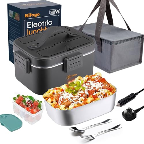Fitamilia Electric Lunch Box Food Heater 80W Portable Heated Lunch Box for Adults 3 in 1 Portable Food Warmer 230V/12V/24V, with 1,8L Removable Stainless Steel Container&Bag(Black)