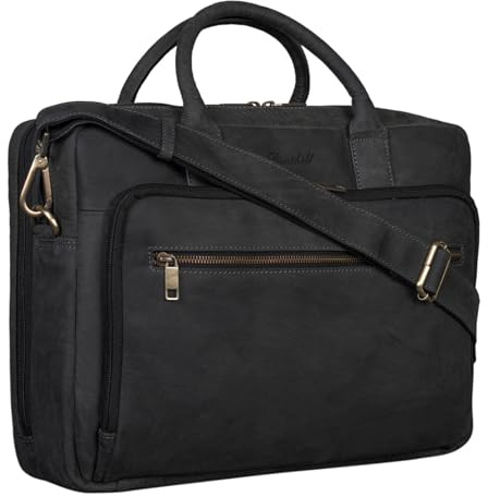 Benthill Aktentasche Leder Laptoptasche - Schultertasche für Herren und Damen Gross - Briefcase - Umhängetasche aus echtem Leder - Große Ledertasche für Laptop, Farbe:Black (H)