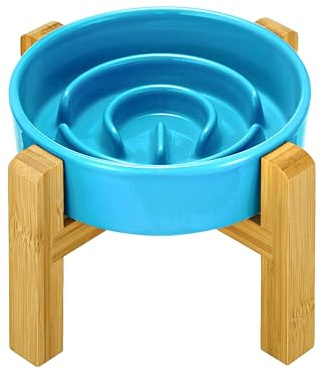 MOPANG Gamelle Anti Glouton pour Chats et Petits Chiens, Bols Surélevés en Céramique pour Slow-Feeder, 400ml, Bleu Ciel