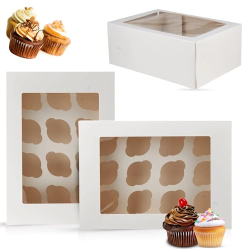 CHEF ROYALE 5 Cupcake Boxes 12 Holes - White Cup Cake Boxes with Clear Window - Rectangular Cupcake Carrier for Muffin Deserts Cupcake Holders for Home Parties, Wedding, Christmas, Cake Shop