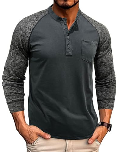 RQPYQF Henley T-Shirts pour Hommes Chemises à Manches Longues Détendu en Forme Tee Shirt Décontracté Homme Douce et Confortable CS44 (Gris foncé, XXL)