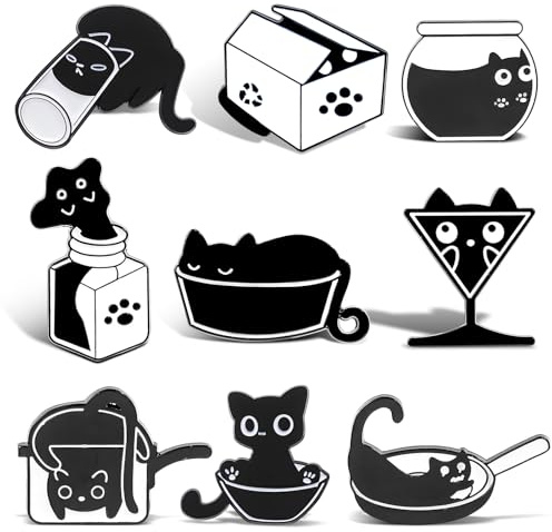 Vulevirtue 9 Stück Schwarze Katzen Emaille Anstecknadeln, Niedliche Tier Emaille Brosche, Cute Pin Anstecker, Pride Pins, für Frauen und Männer