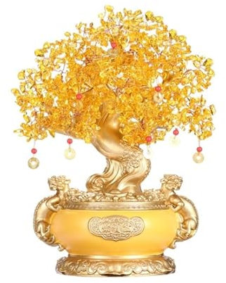 Schreibtisch deko Natürlicher Citrinbaum, Kristall, Geldbaum, Feng Shui, Bonsai, Glücksbringer, Reiki-Heilung, ausgleichender Citrin-Edelsteinbaum for Zuhause und Büro, viel Glück Decoración del hogar