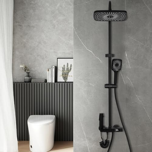 DnKelar Duschsystem, Duschset mit Armatur, Duscharmaturen 4 Funktion, Duschstange Höhenverstellbar mit Regenduschkopf, ABS Handbrause, Ablage, ohne Thermostat