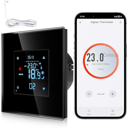 CNBINGO Zigbee Smart Thermostat Unterputz mit Fühler, Schwarz Glas | Digitaler Raumthermostat für Wasser Fußbodenheizung und Boiler, kompatibel mit Alexa/ Google Assistant, Programmierbar