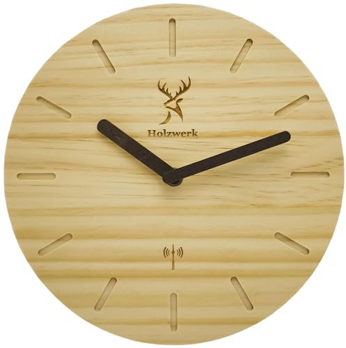 Holzwerk Warburg Natural Wood Radio-Controlled Wall Clock Wooden Clock Vintage Radio Controlled Clock Silent Movement without Ticking Noises Beech Brown Silent Made of Handmade Solid Wood 25 cm