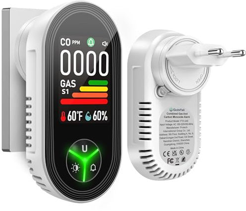 Gedsffati Gas- und CO-Melder mit Stecker für Haus, Kohlenmonoxidmelder CO-Warnmelder CO-Warner Zuhause, Gasmelder Brenngas-Warnmelder für Erdgas LPG Methan Propan Butan, Weiß, PTH-24E