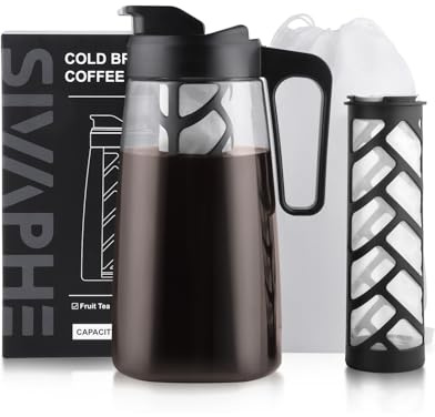 Sivaphe Large Ice Cold Coffee Maker 64 oz, Dishwasher Safty Traitan Carafe Pitcher Leak Proof, Iced Hot Coffee/Tea Brewer Method 2 Quart with Reusable Filter