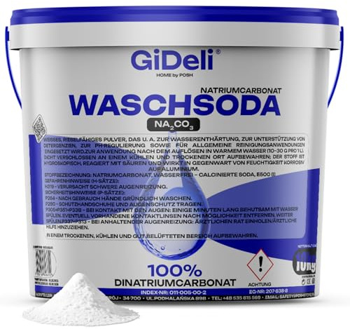 GiDeli Waschsoda 10kg - Soda i pulver för blekning och avfärgning - Rengöringsmedel för tvättmaskin och avloppsrengörare - Natriumkarbonat för vidbrända kastruller samt för rengöring av kakel