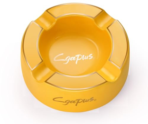 Cgaplus Cigar Ashtray 8 Round Classic Ceramic Large Ashtray 4 Cigarettes Rest for Outdoor Home Office Patio Gift for Men Yellow