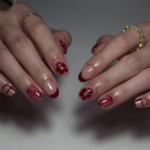 Rote Blume Press on Nails Set, 24-teilige künstliche Fingernägel mit Blumenmuster, Almond Press on Nails in Rot (inkl. Zubehör)