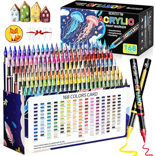 Surcotto Pennarelli Acrilici, 168 Colori Acrylic Marker Brush Pen per Colorazione, Sassi, Tessuti, Metallo, Vetro, Legno, Plastic, Tela, Ceramica, Pennarelli per Colorare Adulti