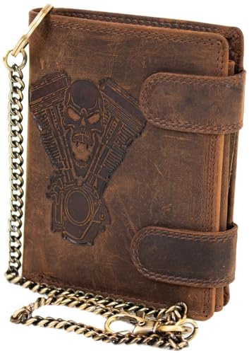 MDM Portafoglio da motociclista in vera pelle con catena in metallo e teschio con stampa a V Twin, marrone, 10.0 X 12.5 X 2.5 Centimeters, Biker