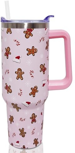 ZNYYZYBA 40 oz Christmas Tumbler with Handle and Straw, Stainless Steel Insulated Pink Gingerbread Tumbler 40 oz, Reusable Gingerbread Cup with Leak Proof Lid, Christmas Gifts for Women