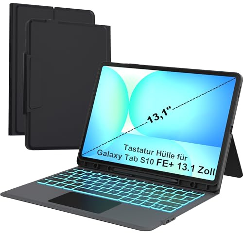 Für Samsung Galaxy Tab S10 FE+ 13,1 Tastatur Hülle - Folio 7 Farben Beleuchtung Trackpad Tablet Cover - Beleuchtete Deutsches QWERTZ Layout Tastatur mit Stifthalter für Tab S10 FE Plus 13.1 Zoll