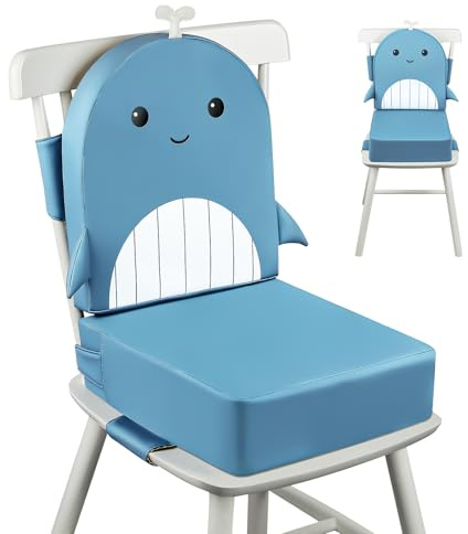 wooshwa Toddler Booster Seat for Dining Chair, 10cm PU Waterproof Kids Booster Seat with Backrest, Non-Slip Bottom and Adjustable Safety Belt, 2 pcs Easy Cleaning Cute Booster Cushion (Whale)