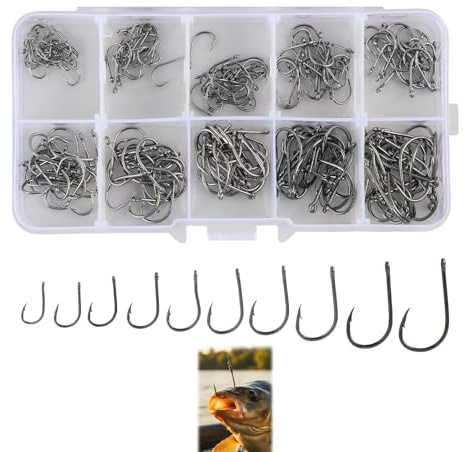 200 Pcs Fishing Hooks Set, Circle Barbed Fishing Hooks 10 Sizes 3#-12#, High Carbon Steel Sharp for Freshwater and Saltwater, Assorted Boxed Kit for Anglers, Carp Bass Trout Catfish Fishing Tackle