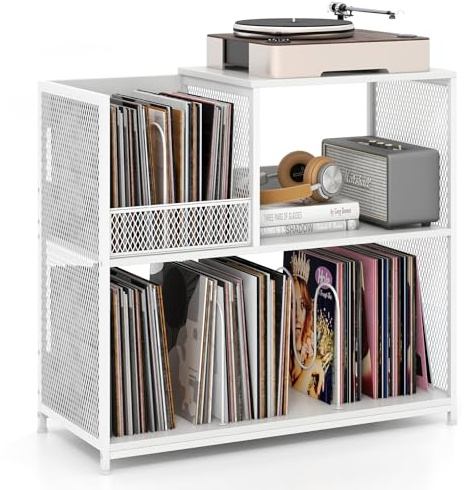 COSTWAY Rangement Platine Vinyle 3 Niveaux pour CD/DVD, Meuble Disque Vinyle jusqu'à 300 Albums, Support de Tourne-Disque avec 3 Diviseurs Amovibles, Cadre en Métal, Marron Rustique (Blanc)