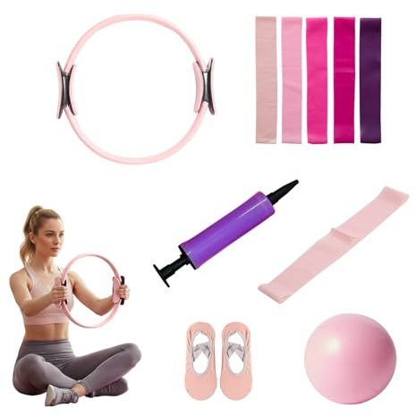LN COZY CORNER Pilates Equipment Set for Women, Portable Home Yoga Kit with Yoga Ring, Ball & Resistance Bands for Full Body Workout, Multi-Functional Pilates Accessories Set (Pink, 10-pcs)