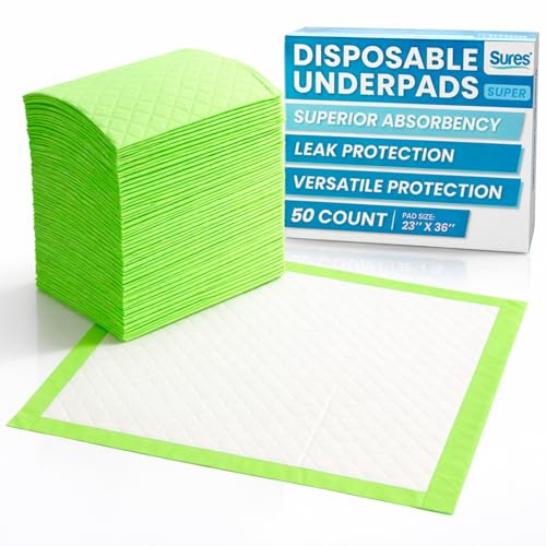 Sures Incontinence Bed Pads - Disposable Bed Pads Adult, Kids & Pets - Chux Underpads for Baby Changing - Absorbent Chucks Pad for Bed, Floor, Couch & Car - Medium Absorbency (23'' x 36 50 Count)