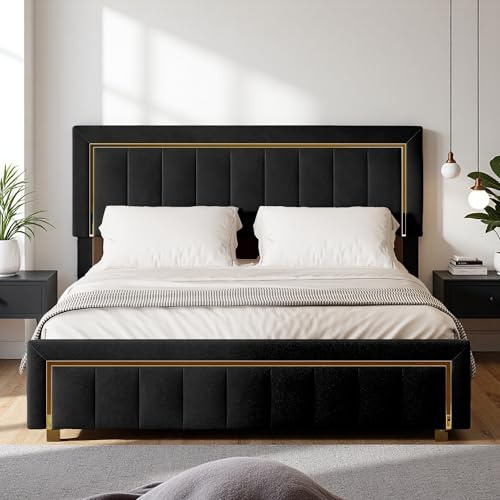 Polsterbett Doppelbett 160x200 Hydrauliksystem, Stauraumbett mit Bettkasten und Lattenrost, Modern Jugendbett Funktionsbett Bettgestell mit Kopfteil, Samt, Ohne Matratze (Schwarz Gold, 160x200)